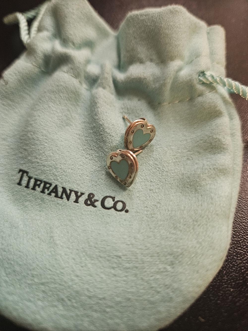 Tiffany & Co. Silver Heart Stud Earrings with Tiffany Blue Enamel